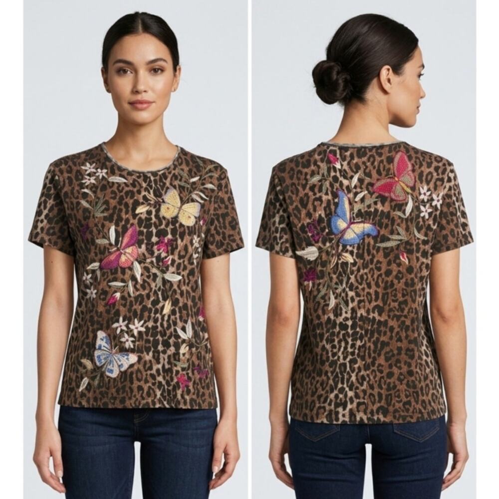 Johnny Was Embroidered Butterfly Tee Animal Print Size M Bohemian Leopard Boho